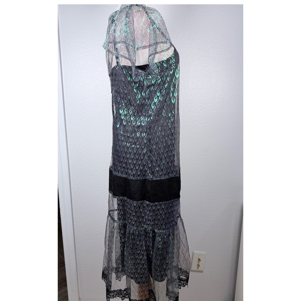 Vintage Inspired Iridescent Peacock Lace Drop Waist Flapper Midi Dress 4 - Picture 4 of 12